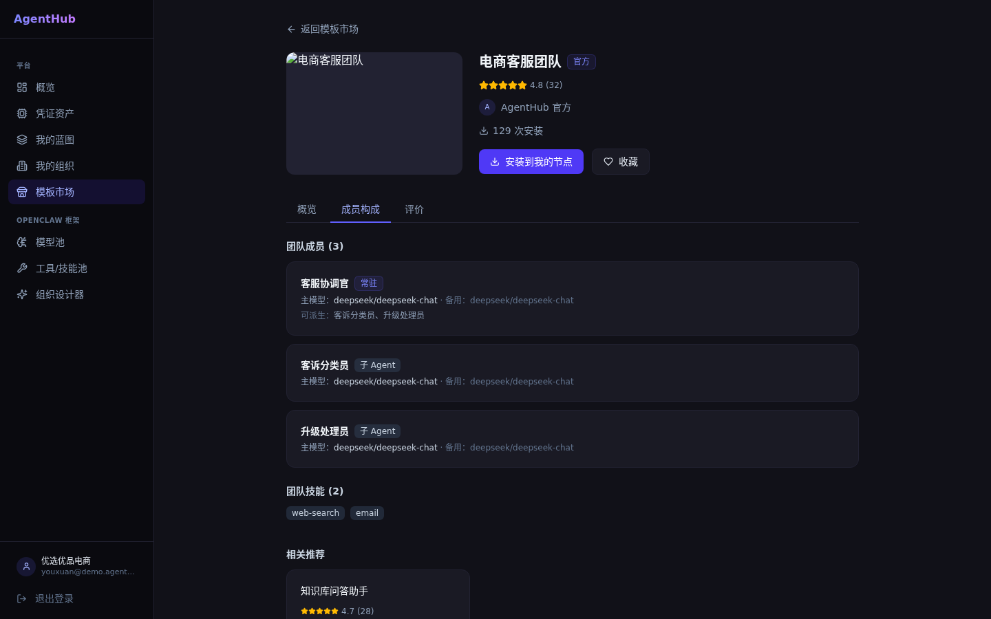 StarBeam 数字团队成员构成与技能挂载截图